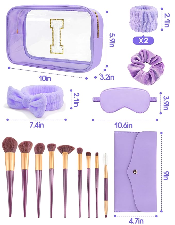 Gift Sets for Women, Initial Makeup Bag with Makeup Brush Set Bachelorette Party Favors, Purple Spa Kit with Skincare Headbands Wrist Bands Sleepover Party Supplies Gifts for Teen Girls Bridesmaid I