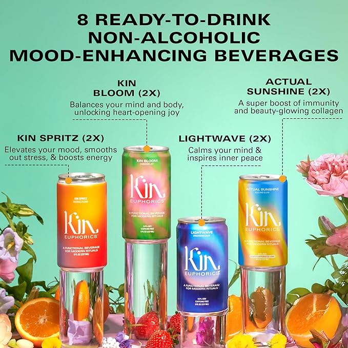 Kin Euphorics Variety 8 Pack with 2 Spritz, 2 Lightwave, 2 Bloom, and 2 Actual Sunshine by Kin Euphorics, Non Alcoholic Spirits, Ready to Drink, Awaken The Mind, Calm Your Mood, 8 Fl Oz (8pk)