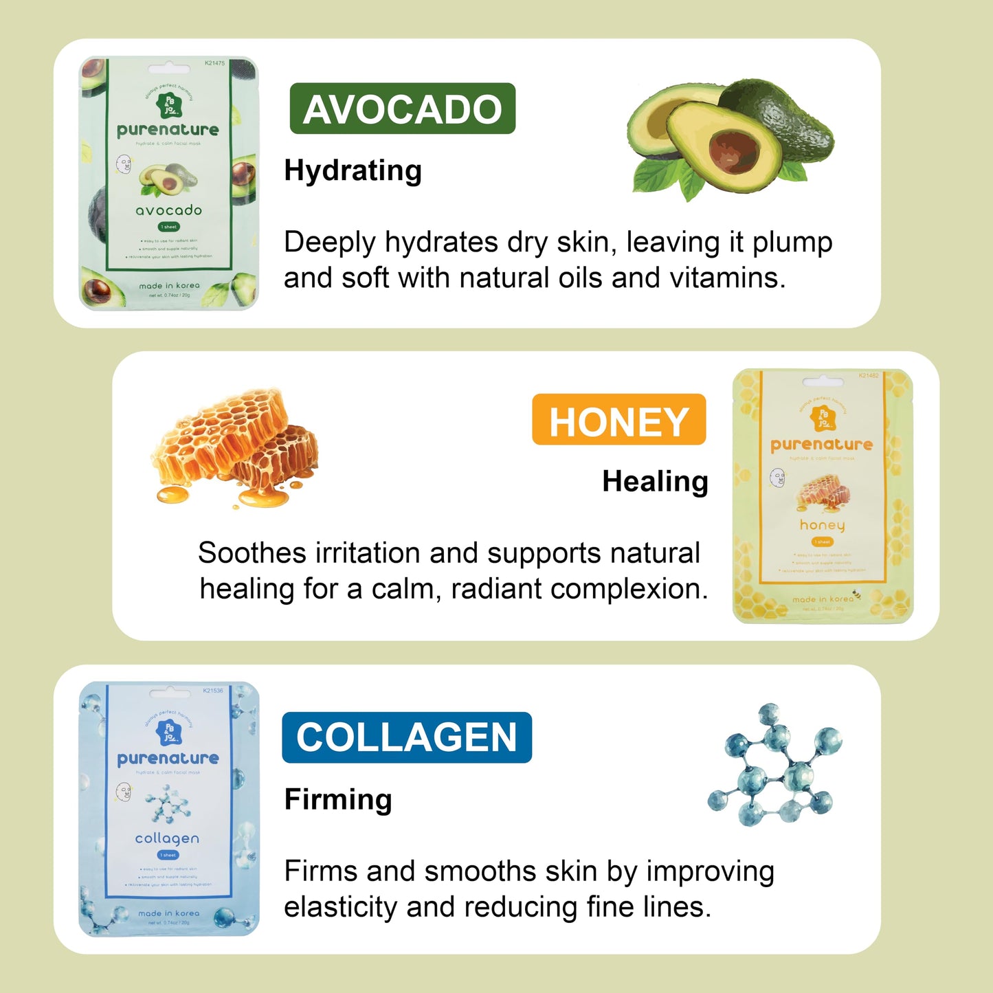 PB&Jay Purenature Hydrate and Calm Facial Mask - 12 Pack Acai Berry,Vita c,retinol and more, Made in Korea, Face Mask Skincare for Hydration, Skincare Face Mask, Moisturizing Mask for Sensitive Skin