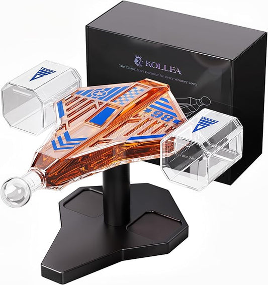 Kollea Galaxy Blue Spaceship Whiskey Decanter Sets for Men, Spacecraft Limited Edition, 2 Funny Shot Glasses, Gift Ideas, Cool Liquor Dispenser for Home Bar, Christmas Birthday Gifts for Men Dad Him