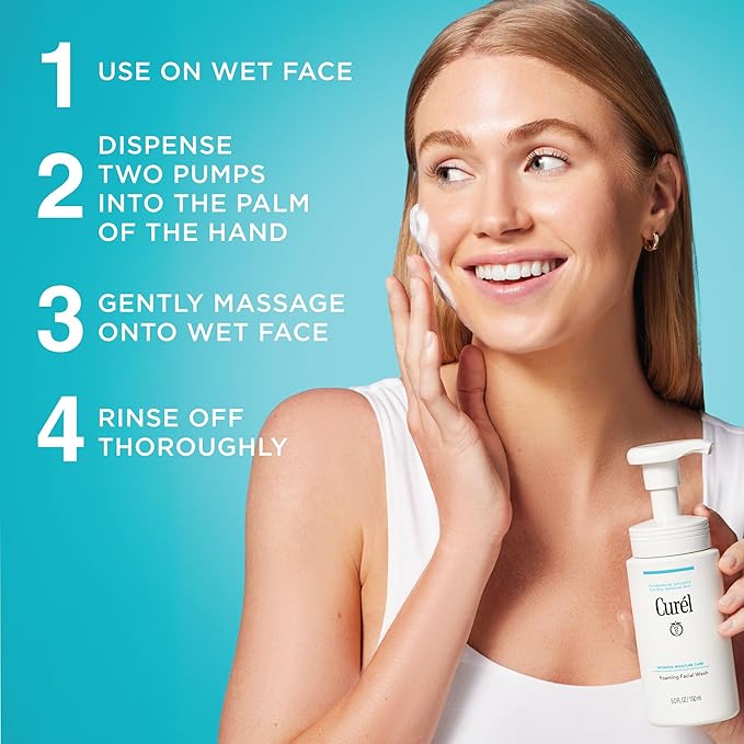 Curel Japanese Skin Care Foaming Daily Face Wash for Sensitive Skin, Hydrating Facial Cleanser for Dry Skin, pH-Balanced and Fragrance-Free, 5 Oz (Step 2 of 2-Step Skincare)