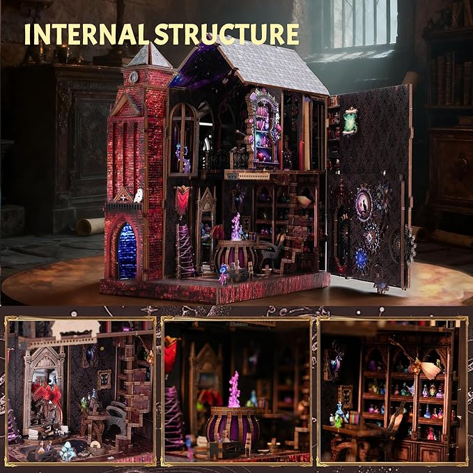 Book Nook Kit, DIY Miniature House Dollhouse Crafts Kit for Adults and Teens, Magic Castle 3D Wooden Puzzle Booknook Build Bookshelf Decor, Gifts for Family and Friends（Arcane Sprire）
