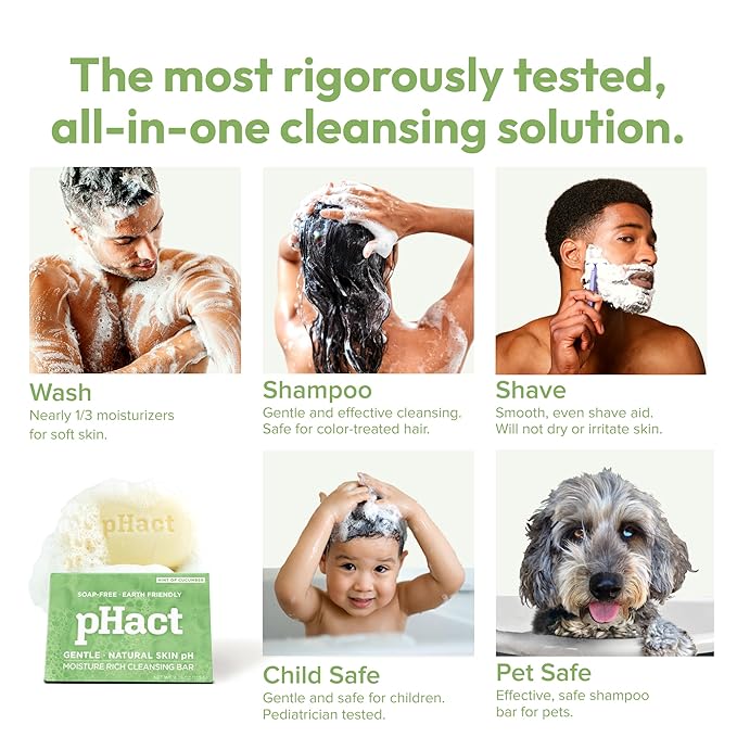 ANDREW LESSMAN pHact Moisture-Rich, Soap-Free Cleansing Bar Cucumber. Natural Skin pH. All Skin Types - Even Sensitive Skin. Hypoallergenic. Dermatologist Tested. 12 - Pack 4.25 oz each