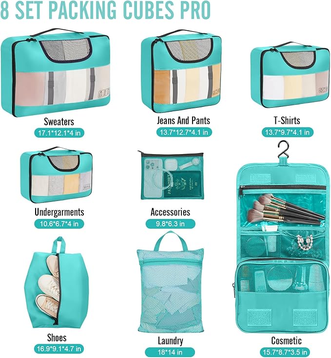 Veken 8 Set Packing Cubes for Kids & Toddler, Airplane Travel Essentials, Beach Vacation & Road Trip Suitcase Organizer Bags Set for Luggage, with Hanging Toiletry & Shoe Bag