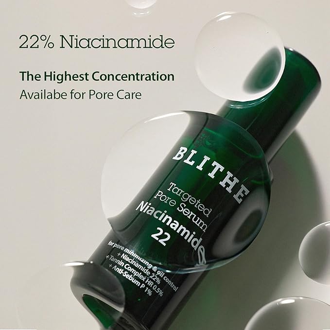 BLITHE Targeted Pore Serum with 22% Niacinamide for Oil Control, Pore Minimizer for Face, Korean Skin Care – 1 fl oz