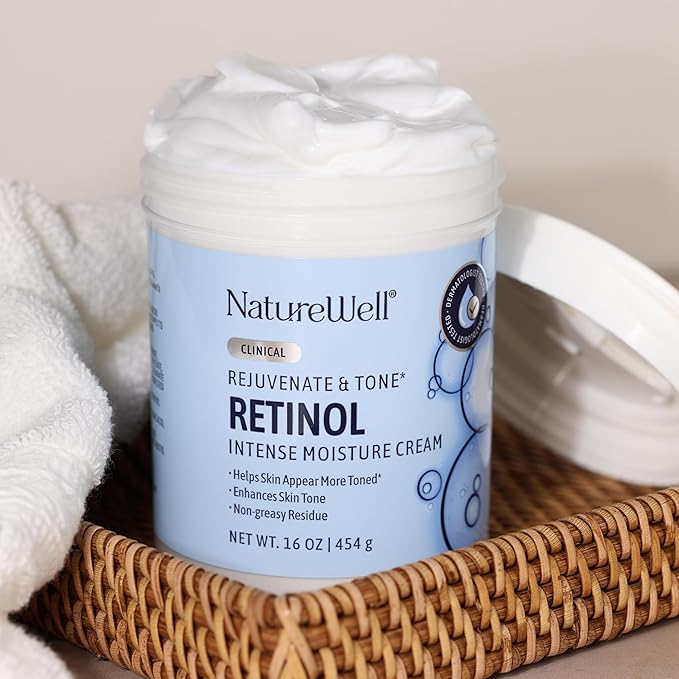 NATURE WELL Clinical Rejuvenate & Tone Retinol Intense Moisture Cream for Face, Body, & Hands, Anti-Aging, Targets Discoloration, Wrinkles, Sun Damage, Crepey, & Sagging Skin, 16 Oz