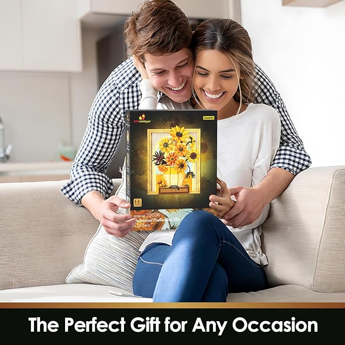 JMBricklayer Flowers Sunflower Building Sets for Adult with Lights 70004, Van Gogh Wall Art Crafts Ideas Flower Bouquet, Painting Frame Room Decor, Valentine’s Day Birthday Gifts for Women Girl