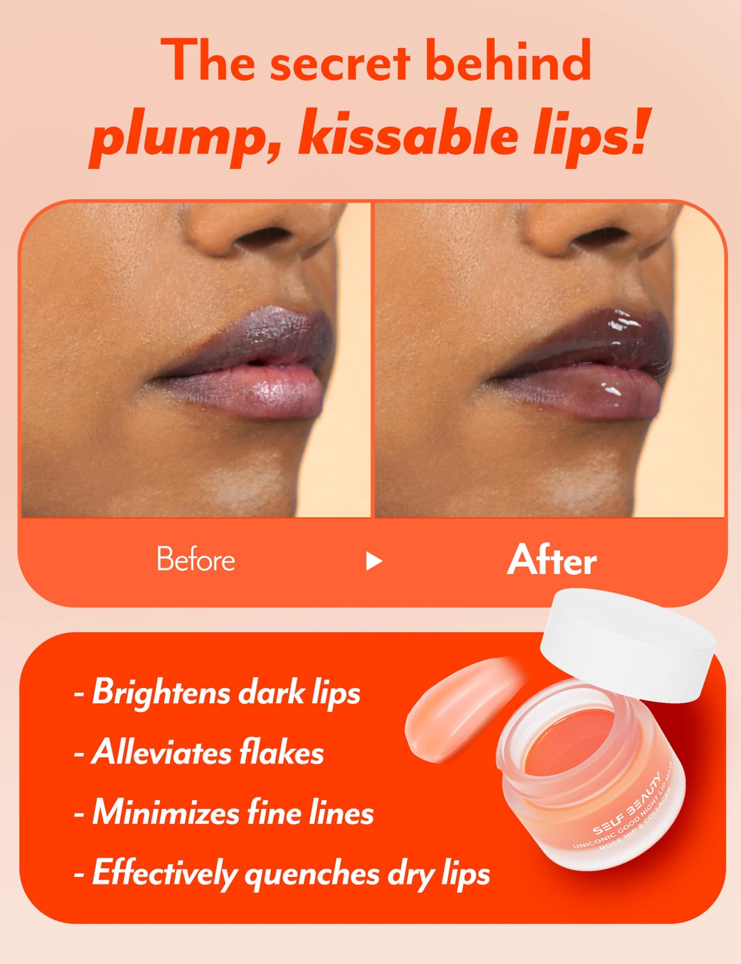 SelfBeauty Lip Mask - Rosehip & Collagen, Vegan Lip Balm, Lip Moisturizer, Overnight Hydrating Lip Treatment with Collagen Peptide, Lip Scrub Exfoliator Intensive Lip Repair, 0.51fl.oz