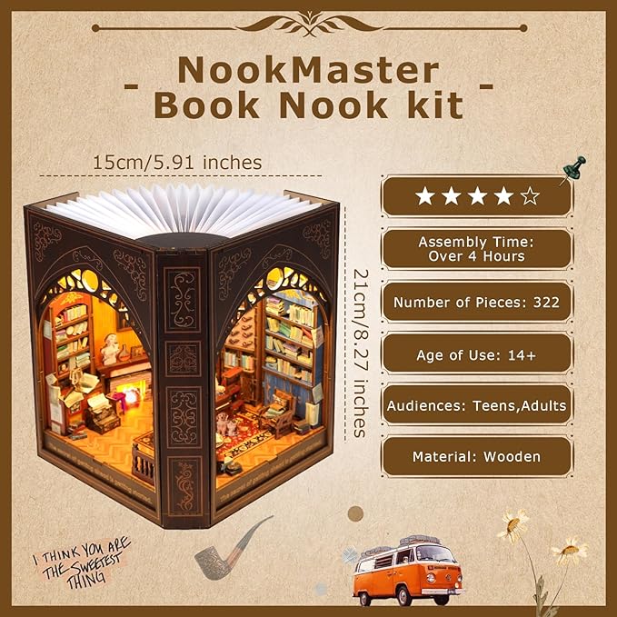 Book Nook Kit for Adults and Teens – DIY 3D Wooden Dollhouse Puzzle with LED Light, Mark Twain’s Library Miniature House Bookshelf Insert Decor