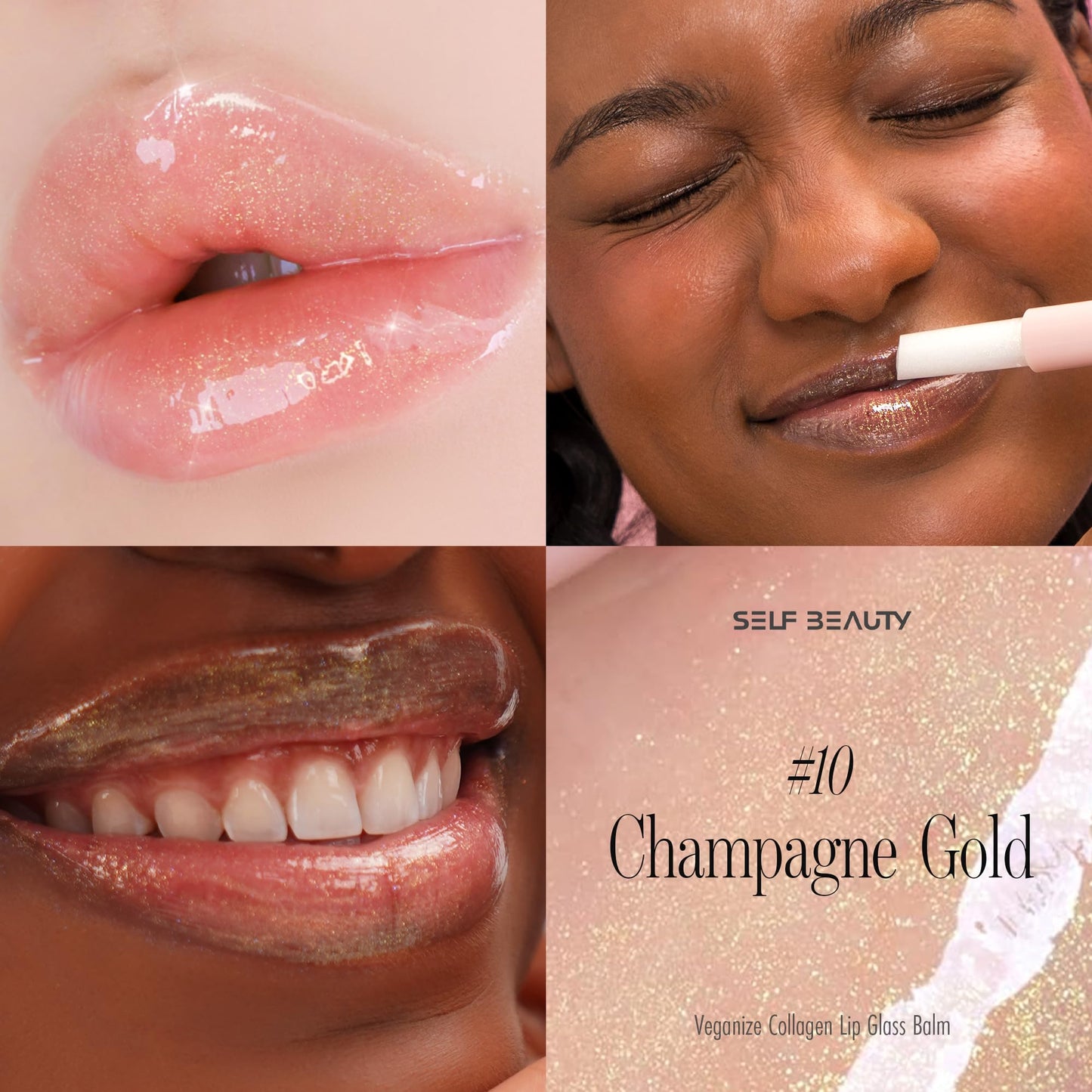 self beauty Veganize Collagen Lip Glass Balm - Hydrating Lip w/Hyaluronic Acid - Vegan Korean Lip Balm Moisturizing Lip Care – Lip Gloss Repair for Dry Cracked Lips 0.06 oz (#10 Champagne Gold)