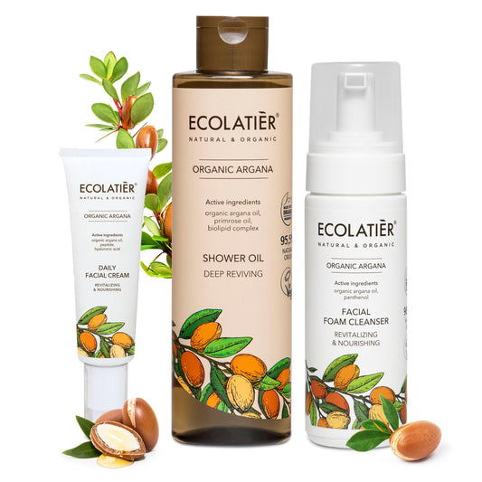 ECOLATIÈR Shower Oil, Facial Foam Cleanser & Daily Facial Cream - Revitalizing & Nourishing Organic Argana Bundle - Hydrating, Anti-Aging & Skin Elasticity Boost Care Set