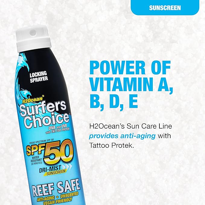 H2Ocean Surfers Choice SPF 50 Spray - Quick-Drying Sunscreen Spray for Tattoo Aftercare & UV Protection - Reef-Safe Sun Protection for All Ages - 6 oz