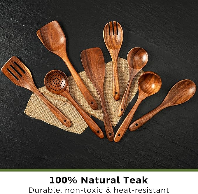 8-Piece Teakwood Utensil Set for Cooking, Natural Wooden Spoons & Spatulas for Non-Stick Cookware, Kitchen Gift Set for Christmas, Housewarming, Wedding