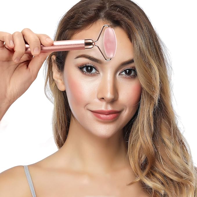 4-in-1 Face Massager and Gua Sha Set for Women, Rose Quartz Face Roller Skin Care Tools Electric Eye Massager Tool for Face Skin Roller