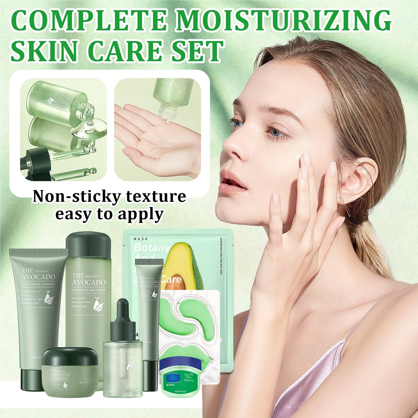 10 Pcs Avocado Skin Care Set with Facial Cleanser,Toner,Face Serum,Face Cream,Eye Cream,Moisturizing Lip Balm,Under Eye Patch and Lip Mask,Hydrating Face Sheet Masks Skin Care Kit for Women and Men