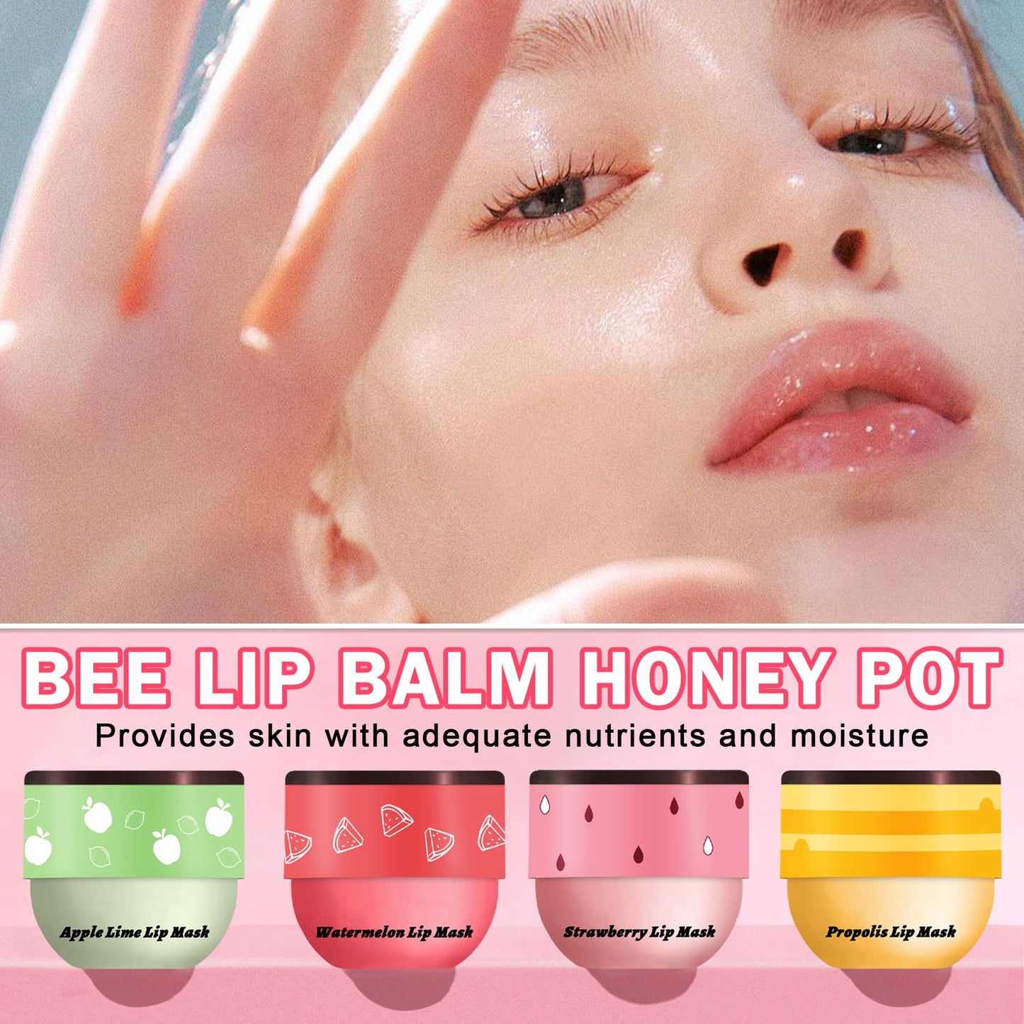 IONSGAKO 4PCS Bee Lip Balm Honey Pot, Honey Strawberry Watermelon Apple Lime Lip Mask Sleeping Honey Lip Mask Overnight Hydrating Propolis Honey Pot Lip Balm for Dry Lips Care
