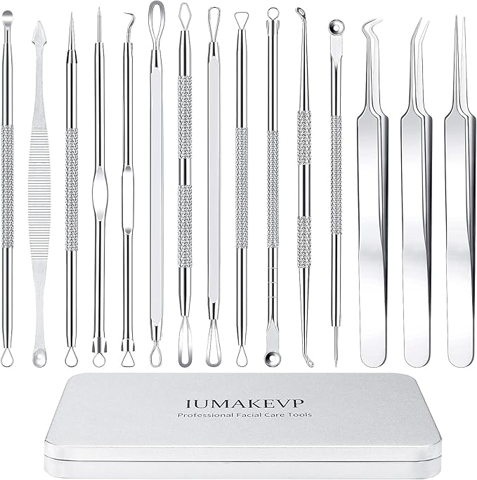 Pimple Popper Tool Kit, IUMAKEVP 15 PCS Professional Stainless Steel Blackhead Remover Comedone Extractor Tools for Removing Zit on Face - Acne Removal Kit with Metal Case (Silver)