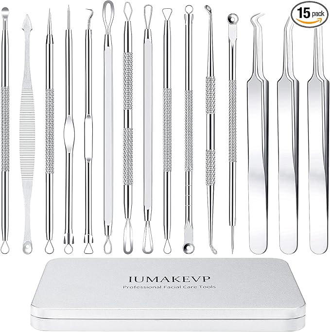 Pimple Popper Tool Kit, IUMAKEVP 15 PCS Professional Stainless Steel Blackhead Remover Comedone Extractor Tools for Removing Zit on Face - Acne Removal Kit with Metal Case (Silver)