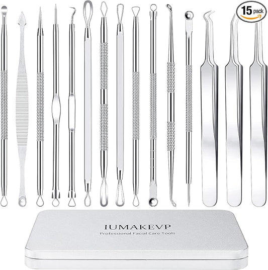 Pimple Popper Tool Kit, IUMAKEVP 15 PCS Professional Stainless Steel Blackhead Remover Comedone Extractor Tools for Removing Zit on Face - Acne Removal Kit with Metal Case (Silver)