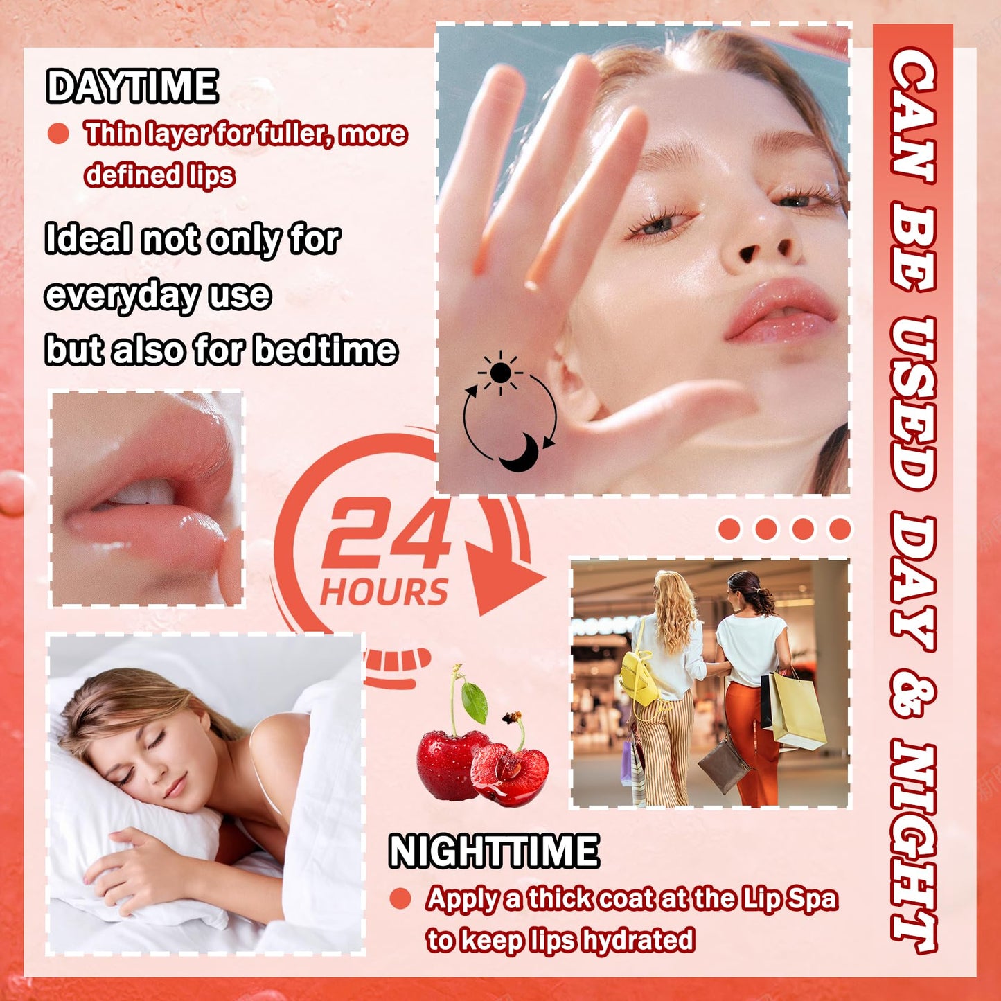 3PCS Bee Lip Balm Honey Pot with Brush,Day and Night Hydrating Sleeping Lip Mask,Honey & Strawberry & Cherries Gentle Tinted Lip Balm,Non-Greasy Lip Scrubs Exfoliator Moisturizer