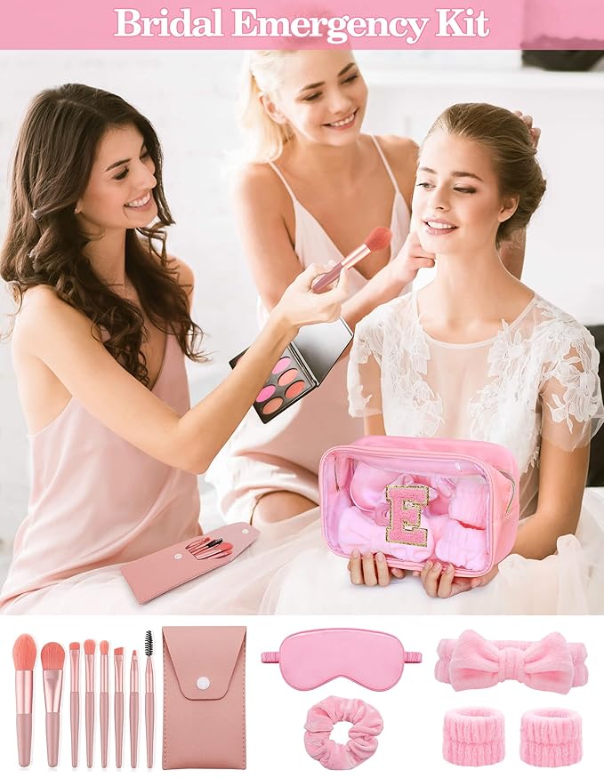 Gift Sets for Women, Initial Makeup Bag with Makeup Brush Set Bachelorette Party Favors, Pink Spa Kit with Skincare Headbands Wrist Bands Sleepover Party Supplies Gifts for Teen Girls Bridesmaid E