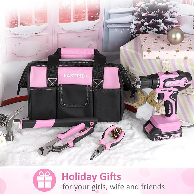 FASTPRO 232-Piece 20V Pink Cordless Lithium-ion Drill Driver and Home Tool Set, Lady's Repairing Kit with 12-Inch Wide Mouth Open Storage Bag