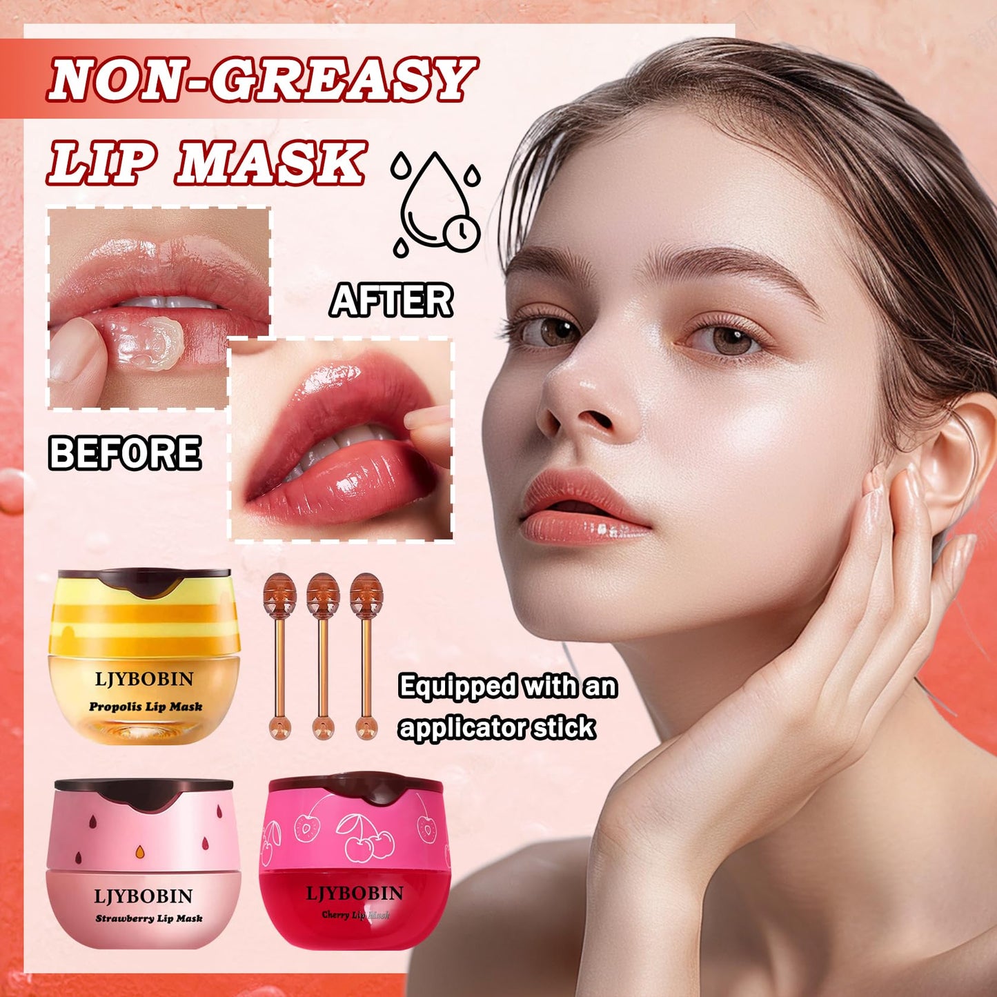 3PCS Bee Lip Balm Honey Pot with Brush,Day and Night Hydrating Sleeping Lip Mask,Honey & Strawberry & Cherries Gentle Tinted Lip Balm,Non-Greasy Lip Scrubs Exfoliator Moisturizer