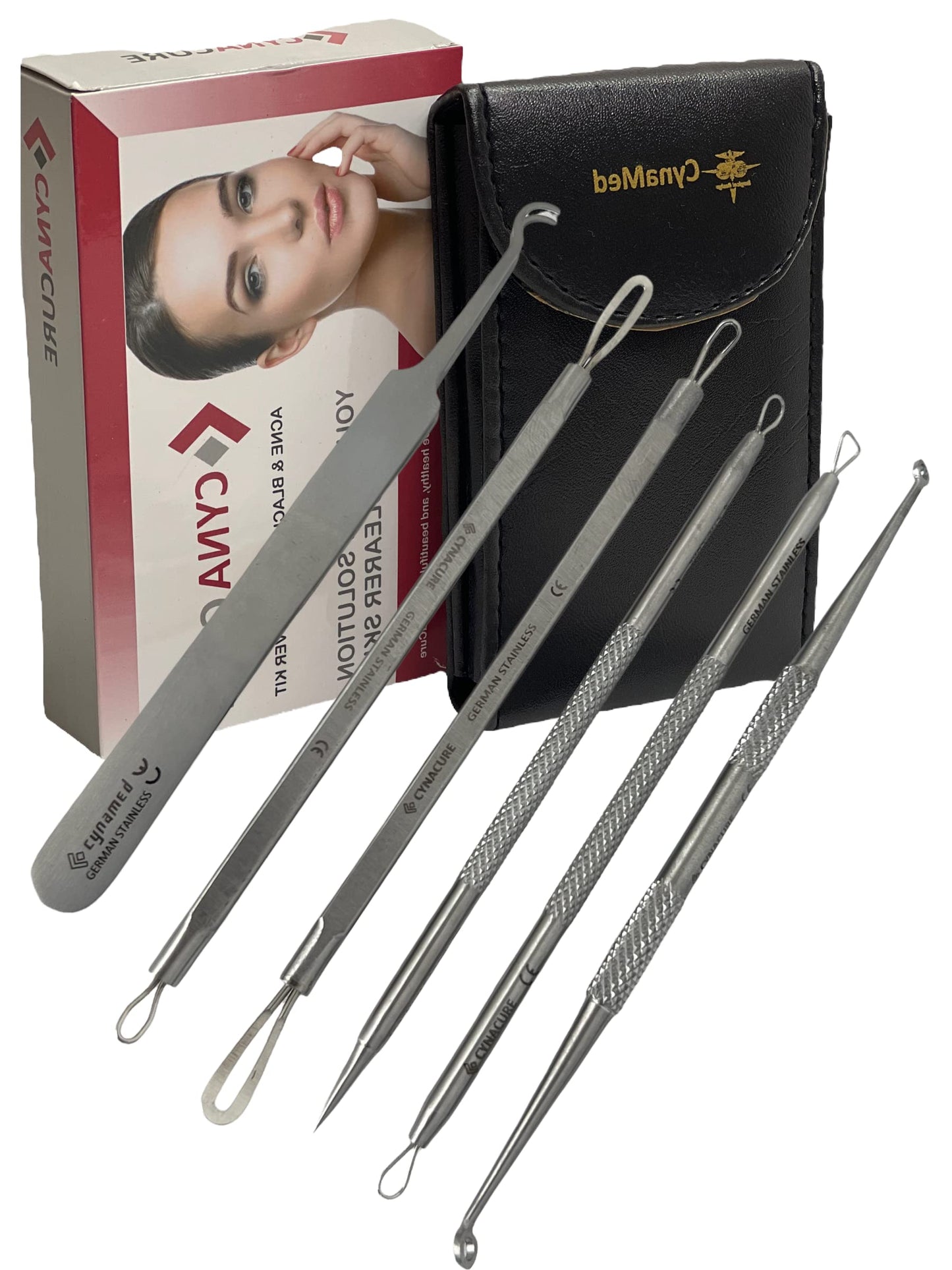 German Stainless Professional Set of 6- Blackhead Remover Comedones Extractor Acne Removal Kit for Blemish,Whitehead Popping, Zit Removing for Nose Face Tools-Blackhead Removal w/Zipper Leather case