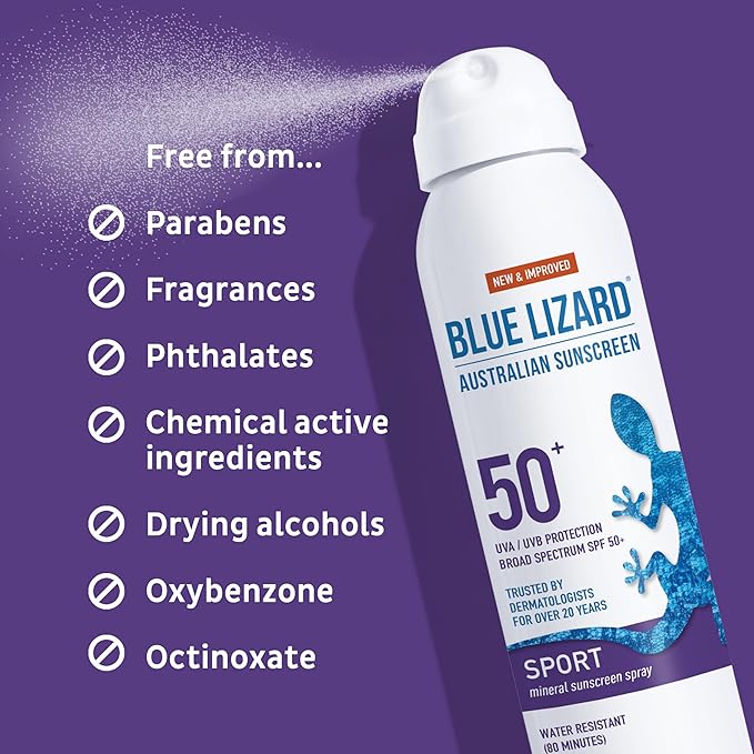BLUE LIZARD Sport Mineral Sunscreen Spray SPF 50+, Dermatologist-Recommended Brand, Broad-Spectrum UVA/UVB Protection, Water-Resistant, Zinc Oxide Formula, Vegan, 5 fl oz