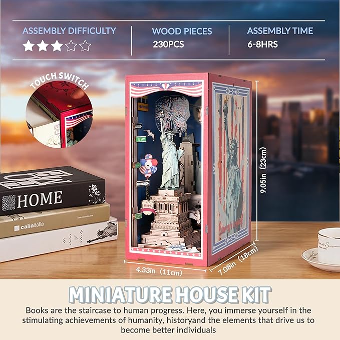 Book Nook Kit, DIY Miniature House Dollhouse Crafts Kit for Adults and Teens, Liberty's Legacy 3D Wooden Puzzle Booknook Build Bookshelf Decor, Gifts for Family and Friends
