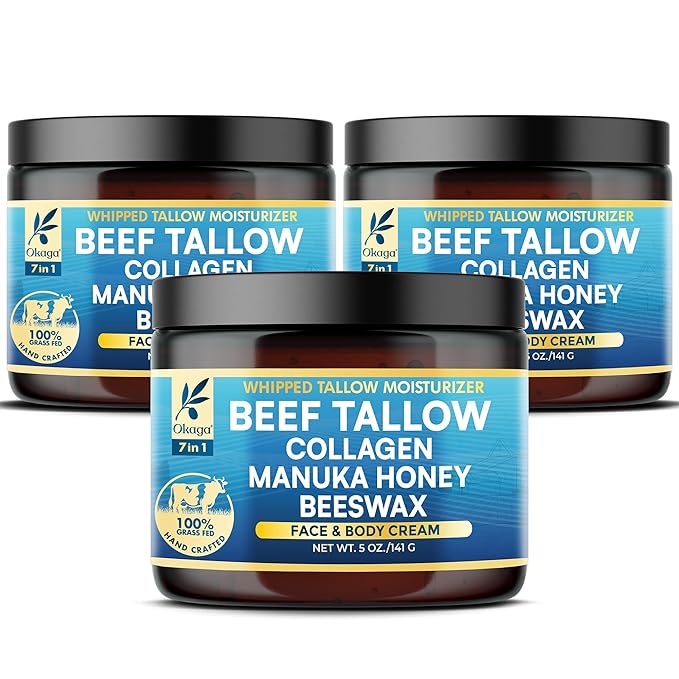 Organic Beef Tallow for Skin, Organic Grass-Fed Beef Tallow Balm with Manuka Honey, Aloe Vera, Jojoba Oil, Collagen & Beeswax, Olive Oil, Moisturizer for Dry Skin, Nourishes Face, Body & Lips (3 Pack)