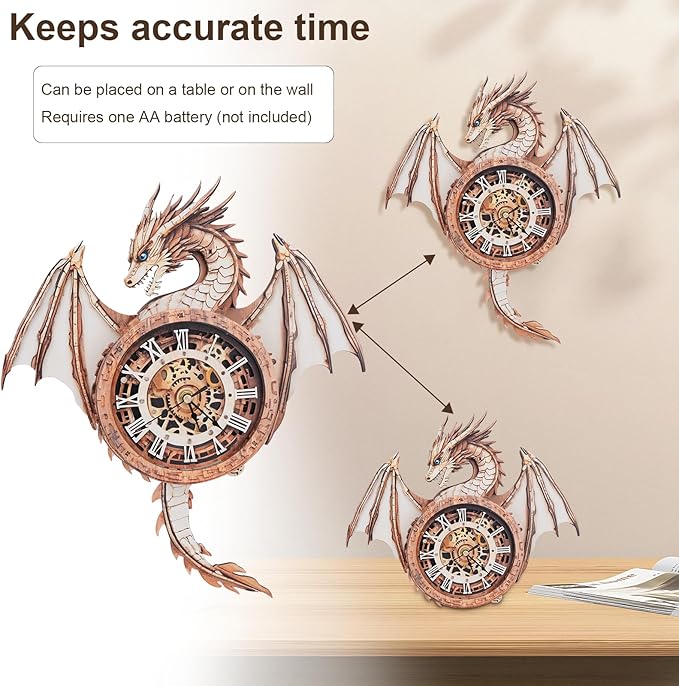 Kosmickiss 3D Wooden Puzzles Model Kits Dragon Clock for Adults, 3D Building Models DIY Crafts for Women Men, Wall Clock Puzzle Birthday Gift for Adults Home Decor
