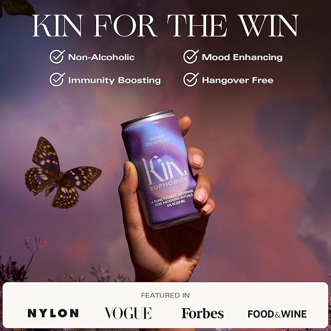Kin Euphorics Lightwave Non-Alcoholic Functional Beverage | Calm the Mind & Mellow the Mood | Adaptogens, Nootropics, Reishi Mushroom & L-Theanine | 8 Fl Oz (8pk)