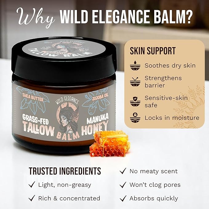 Grass-Fed Beef Tallow and Manuka Honey Balm, Eczema Face & Body Cream, Moisturizer for Dry Skin with Shea Butter, Almond & Jojoba Oil, Beeswax, Arrowroot, Vitamin E - Unscented - Made in Canada, 2 oz