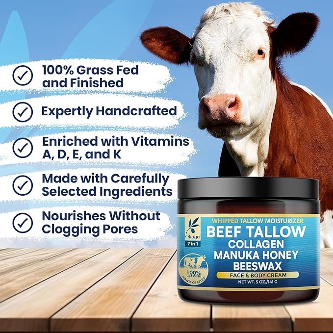 Organic Beef Tallow for Skin, Organic Grass-Fed Beef Tallow Balm with Manuka Honey, Aloe Vera, Jojoba Oil, Collagen & Beeswax, Olive Oil, Moisturizer for Dry Skin, Nourishes Face, Body & Lips (5oz)