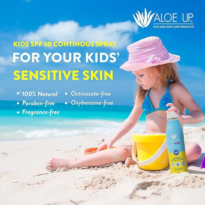Aloe Up Kids Continuous Sport Sunscreen Spray SPF 50 - Broad Spectrum Sheer Face and Body Sunscreen Protector for Sensitive Skin - With Aloe Vera Gel - Dries Fast - Reef Safe - Fragrance-Free - 6 Oz