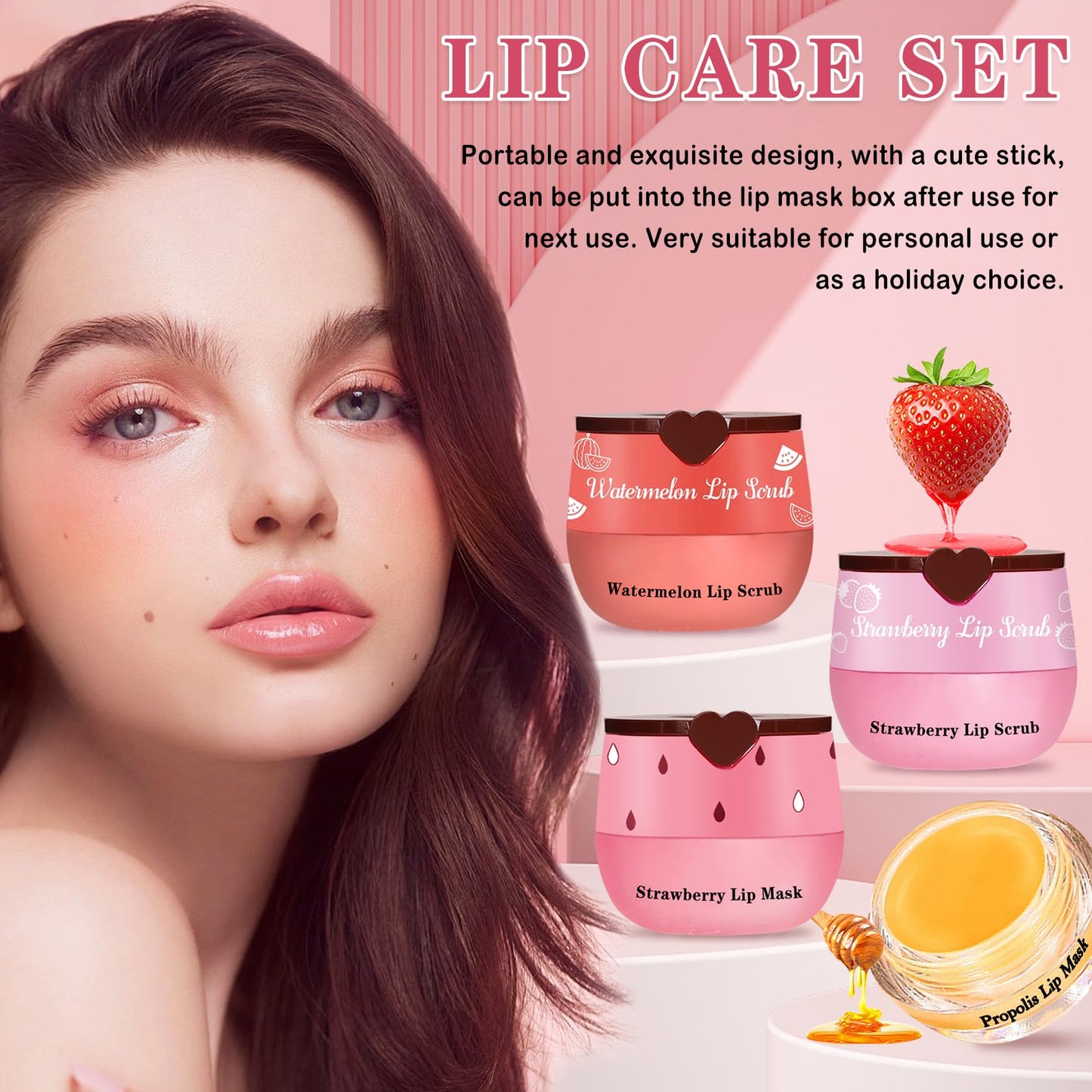 LZXLUKGIR 4PCS Lip Scrub and Mask Set,Strawberry and Honey Pot Lip Balm,Reduces Lip Lines Lip Exfoliator Scrub and Moisturizer,Repair Beebalm Lip Balm and Lip Scrub Set,Lip Mask Overnight