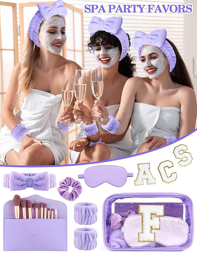 Gift Sets for Women, Initial Makeup Bag with Makeup Brush Set Bachelorette Party Favors, Purple Spa Kit with Skincare Headbands Wrist Bands Sleepover Party Supplies Gifts for Teen Girls Bridesmaid F