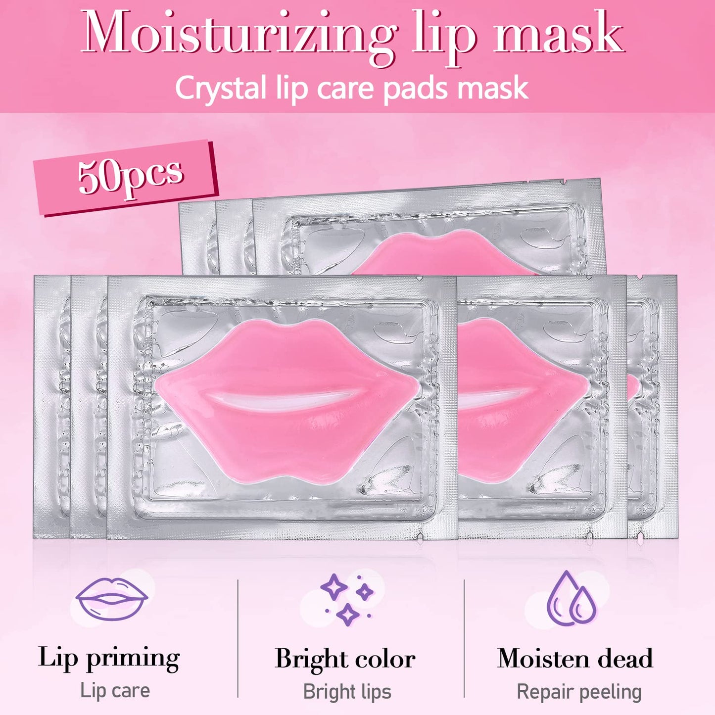 50PCS Lip Mask Sheet,Collagen Crystal Lip Masks,Pink Lip Care Pads Mask for Moisturizing Nourishing,Anti-Aging & Anti-Wrinkle,Lip Gel Patches Pads for Dry Lip,Remove Dead Skin