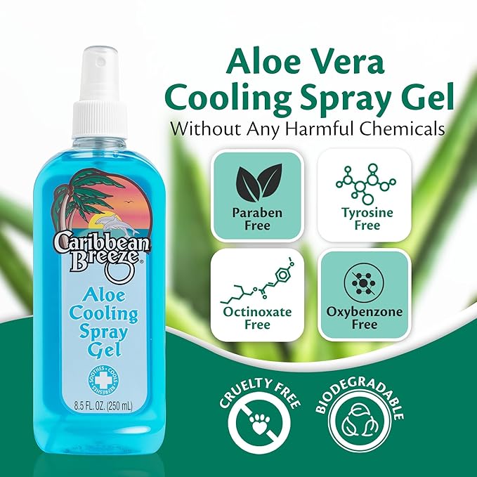Caribbean Breeze Aloe Cooling Spray Gel, Mango Lime Aloe Vera Gel for Sunburn Relief Spray, Vitamin Enriched with Camellia & Tea Tree, 8.5 oz (250 ml)