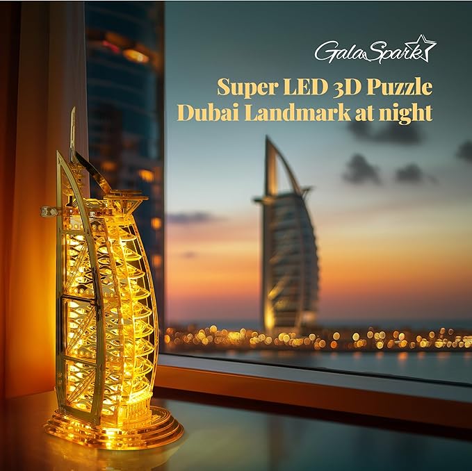 3D Puzzle Burj Al Arab Building Model Kit, DIY Dubai Landmark Building Model with LED Light, Home Decor Festival Gift for Adults & Children 100PCS (Golden)
