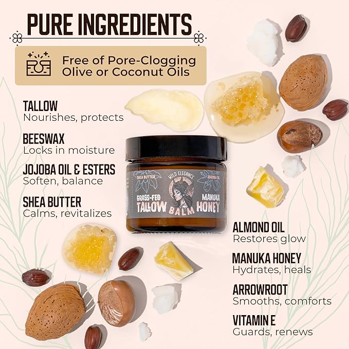 Grass-Fed Beef Tallow and Manuka Honey Balm, Eczema Face & Body Cream, Moisturizer for Dry Skin with Shea Butter, Almond & Jojoba Oil, Beeswax, Arrowroot, Vitamin E - Unscented - Made in Canada, 2 oz