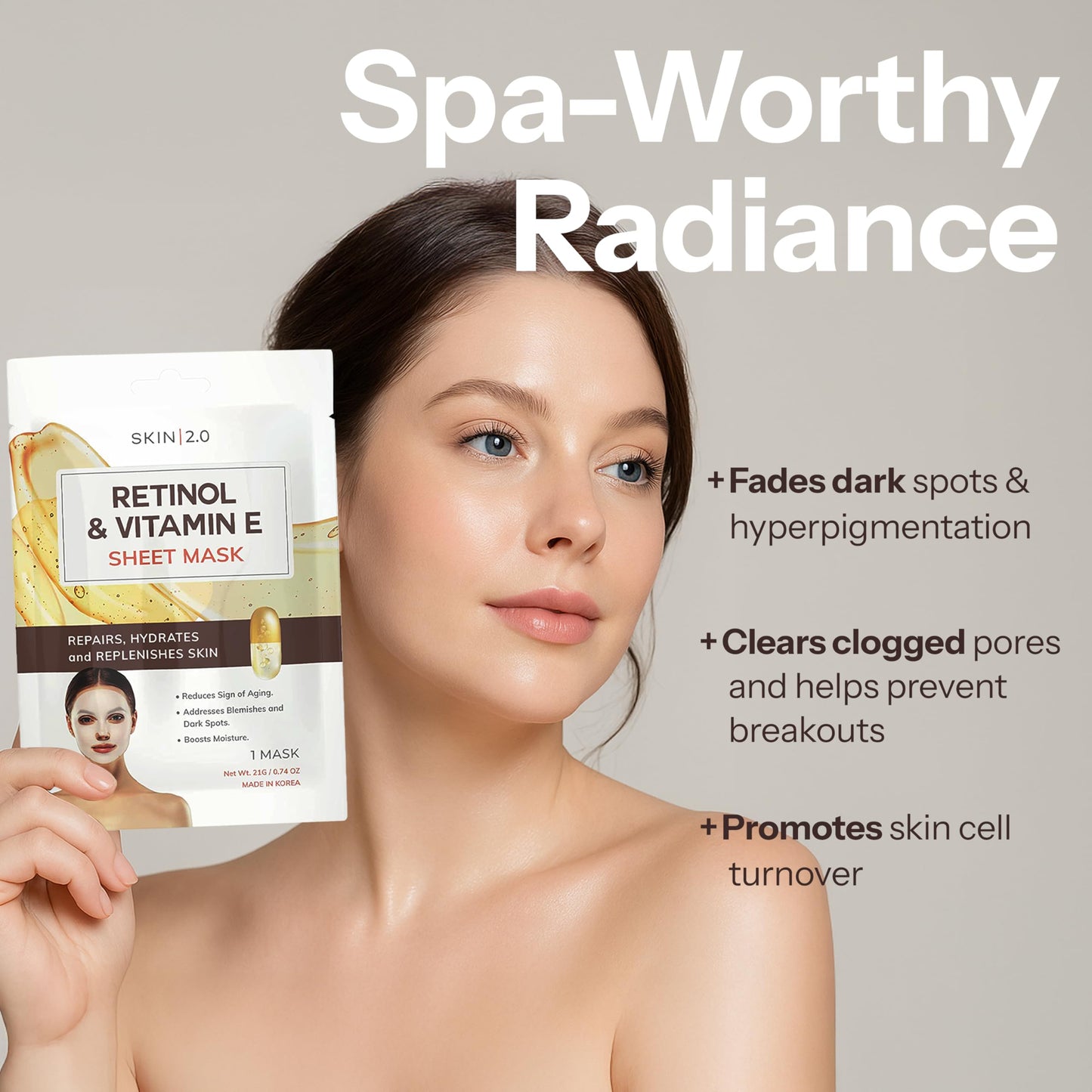 Skin 2.0 Retinol & Vitamin E Sheet Mask - Anti-Aging, Acne Scar & Hyperpigmentation - Hydrating, Dermatologist Tested Korean Skincare - Clean Beauty, Cruelty-Free, All Skin Types - 5 Masks