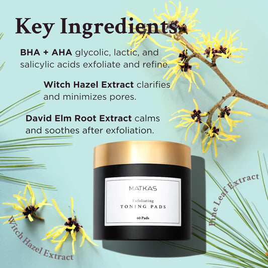 MATKAS Korean Witch Hazel Exfoliating Toning Pads for Face – 60 count, with BHA Glycolic Acid Exfoliator + Salicylic Acid Toner, Korean Pore Minimizer Face Toning Pads, Brightening & Pore Cleaner Peel