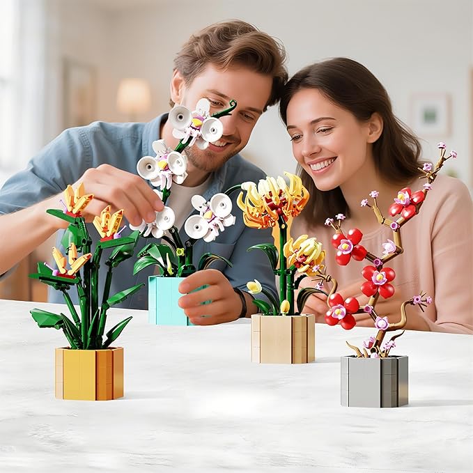 Flower Bouquet Building Blocks 4 Set, Artificial Flowers Toys Botanical Collection DIY Unique Home&Office Bonsai Decoration Adults, Teen Girls for Birthday