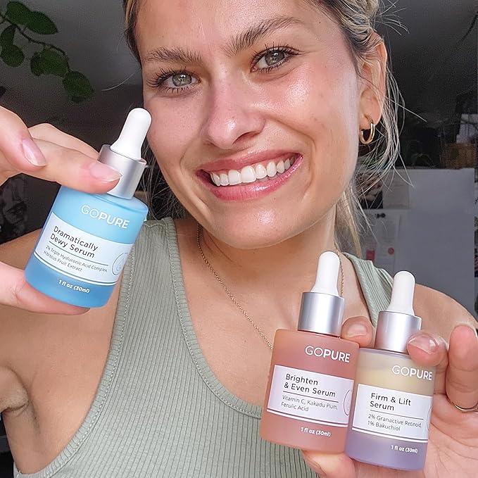 goPure Power Serum Trio Set - Radiant Vitamin C Serum, Hydrating Hyaluronic Acid, Bakuchiol and Retinol for Visibly Brighter, Moisturized, and Firmer-Looking Skin - Set of 3, 1.0 fl oz