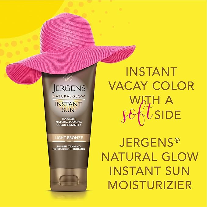 Jergens Natural Glow Instant Sun Self Tanner Moisturizer + Bronzer, Lightweight Sunless Tanner Moisturizer for a Sunkissed Natural Glow, Light Bronze, 6 Ounce