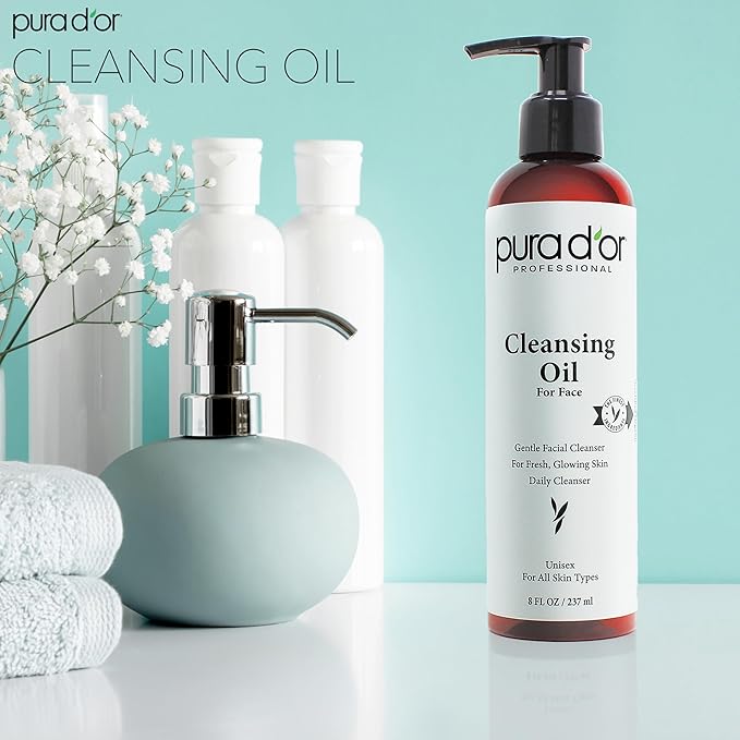 PURA D'OR Facial Cleansing Oil (8 Oz x2 = 16 Oz) Nourishing Botanical Blend with & Vitamin, Jojoba and Sunflower Oil - Gentle Makeup Remover & Deep Cleanser For Healthy, Glowing Skin - Paraben-Free