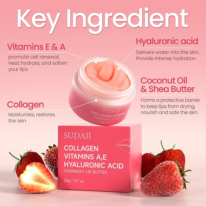 Lip Mask Overnight, Hydrating Lip Balm, Lip Moisture with Hyaluronic Acid & Vitamins E, A- Sleeping Nourishing Lip Butter Balm for Dry Lips 0.7 Oz