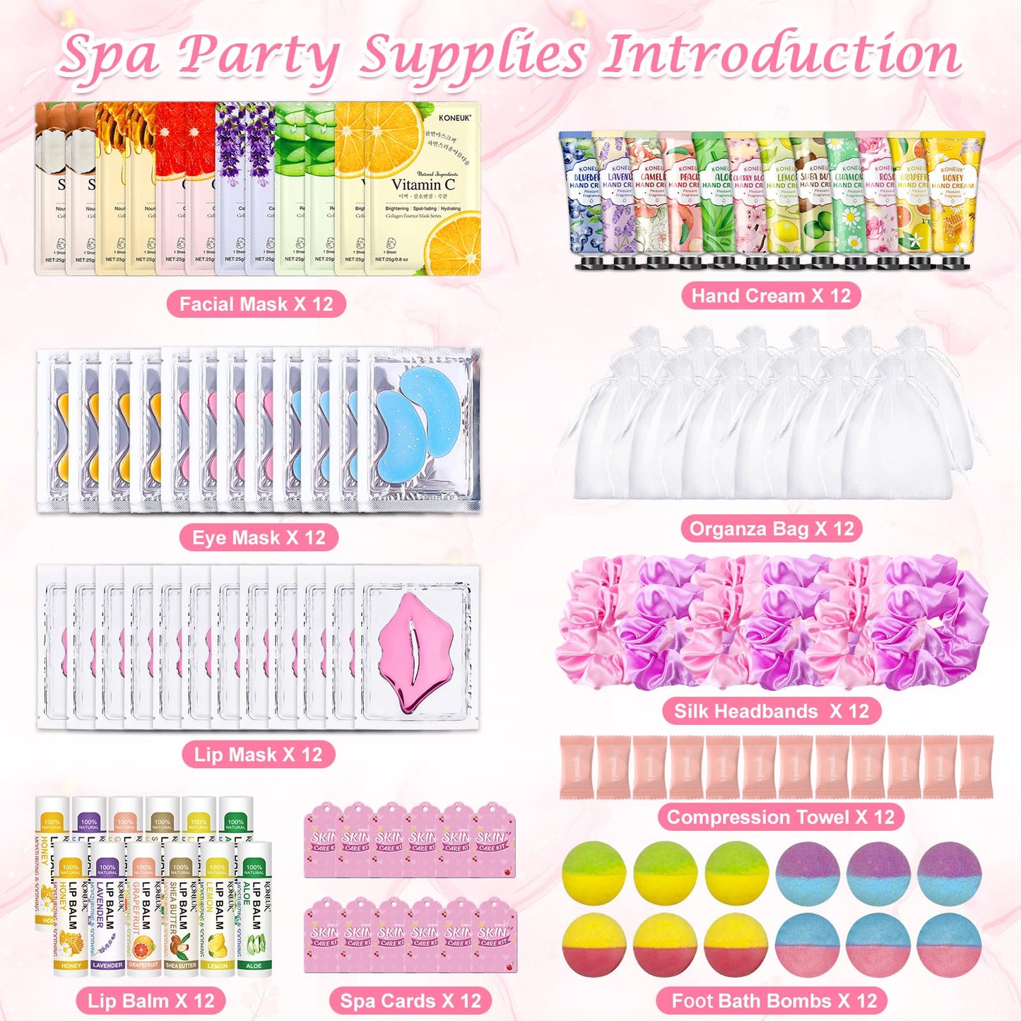 KONEUK 120 PCS Spa Party Supplies for Women, Spa Party Favors Include Face Masks Skincare, Hand Cream, Lip Balm, Under Eye Patches, Lip Mask and Foot Bath Bombs, Spa Birthday Sleepover Party Supplies